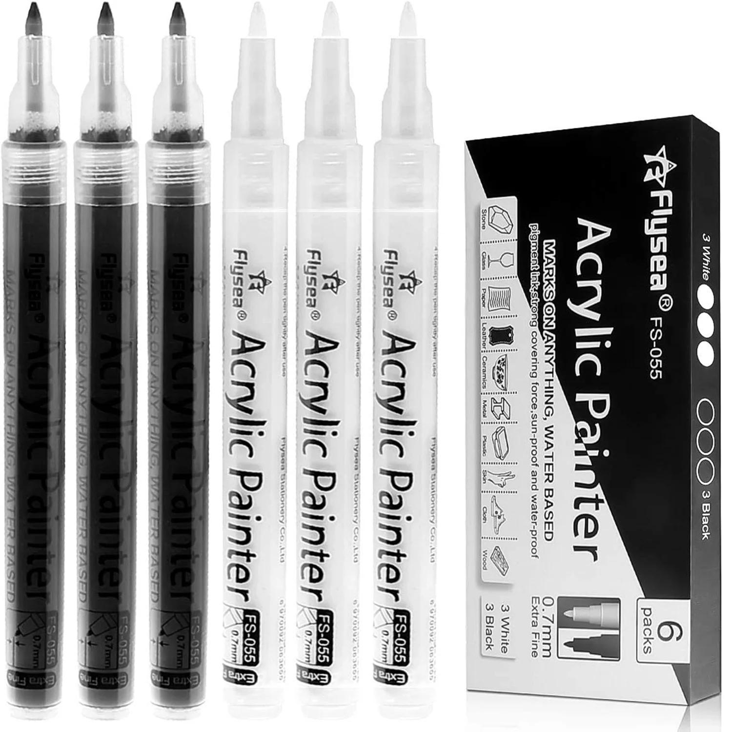 암벽화용 블랙 페인트 펜, 아크릴 블랙 네임펜, 수성 엑스트라 파인 포인트, 화이트 페인트 펜, 6 팩, 0.7mm